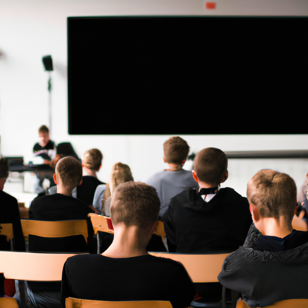 Modern, minimalist classroom with a speaker on stage and attentive students